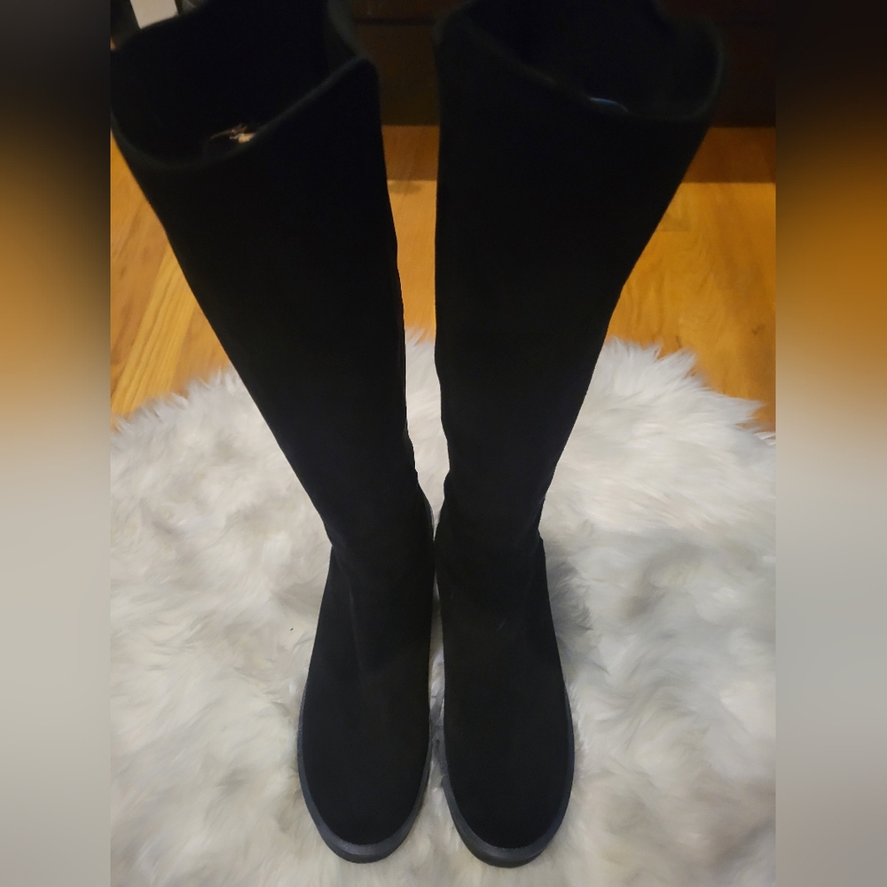 STUART WEITZMAN BLACK SUEDE PULL ON STRETCHY CHUNKY HEEL BOOTS